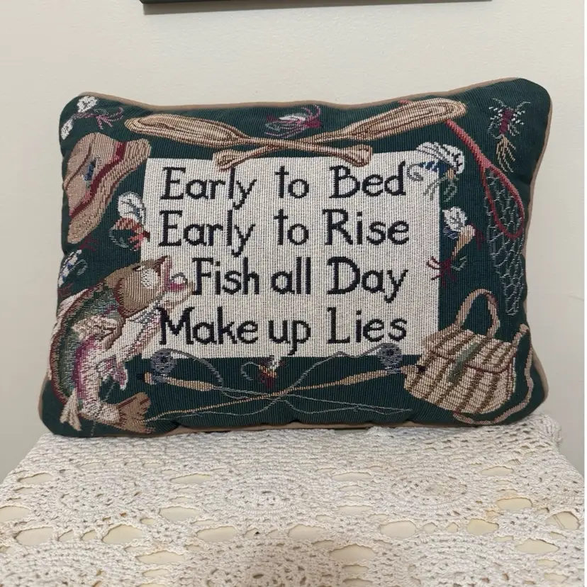 Vintage Riverdale Fishing Theme Tapestry Pillow (11x15 in)