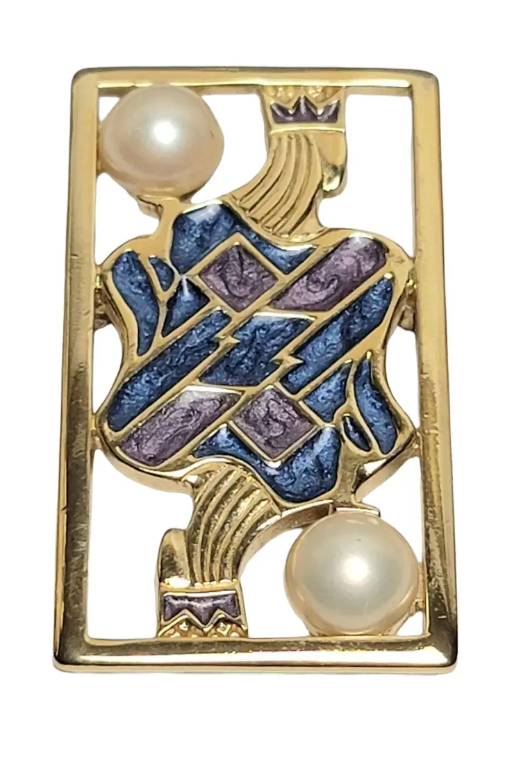 Trifari Gold-Plated King of Diamonds Blue Purple Enamel Faux Pearl 1970-80s Pin Brooch