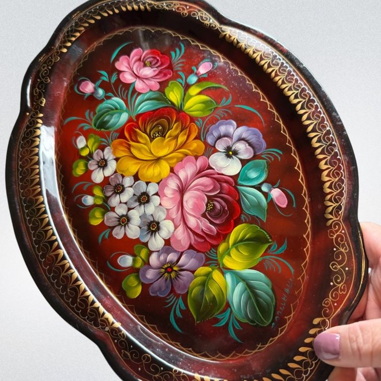 Russian Hand Painted Oval Metal Tray