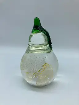 Vintage Art Glass Clear and Gold Fruit Pear with Green Leaf Paperweight Décor