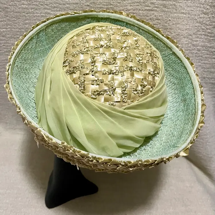 Vtg Womens Woven Cellulose Straw Deep Roll Brim Sheer Chiffon Accent Union Made