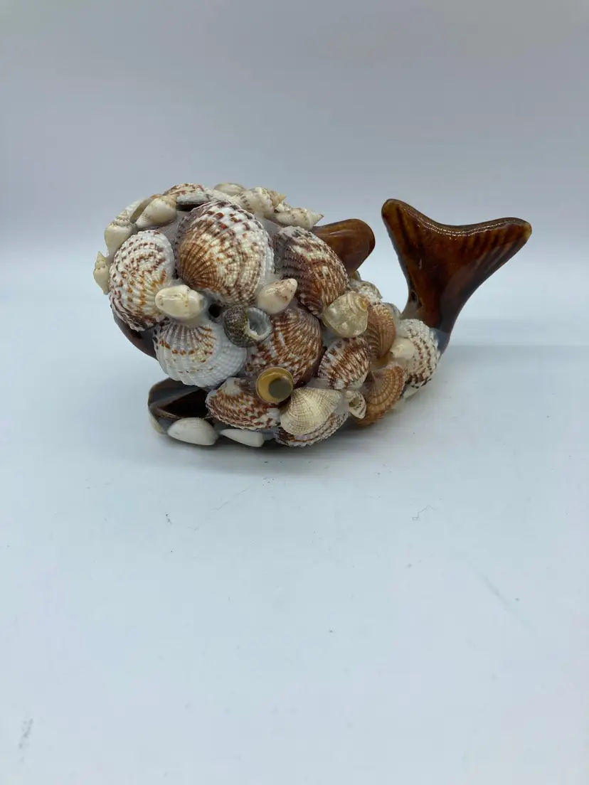 Folk Art Shell Covered Wide Mouth Whale, Ashtray, Smudge Dish