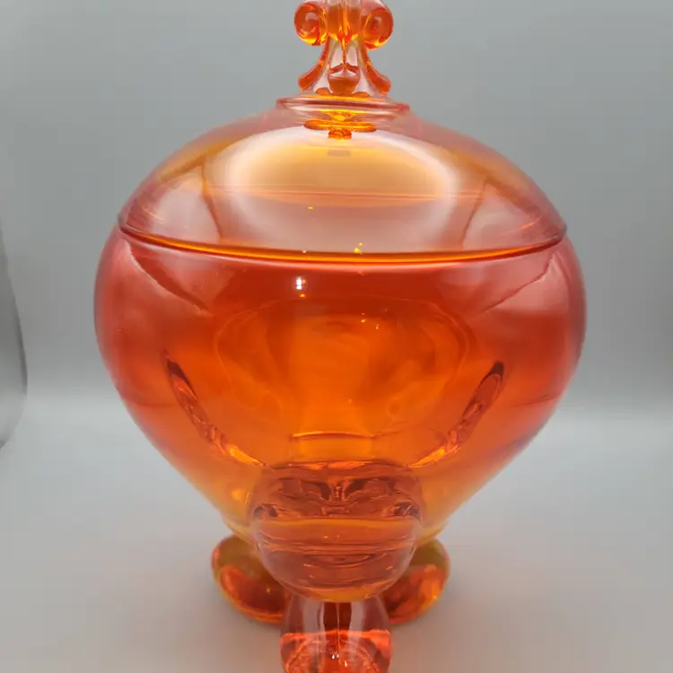 Vintage MCM Viking Epic Persimmon Orange Three Foil Covered Candy Dish.