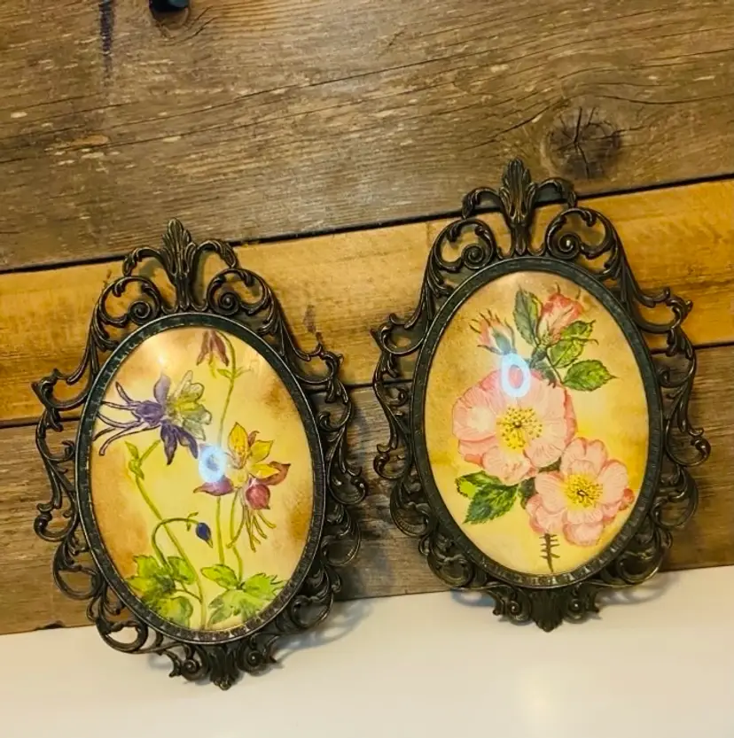 Vintage Ornate Italian Brass Frames with Convex Glass and Floral Pictures Hollywood Regency Traditional