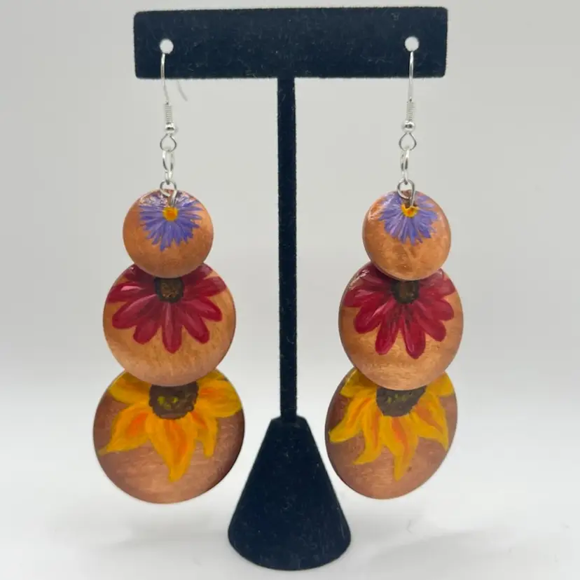 Upcycled Wood Earrings Hand Painted Flowers By Me