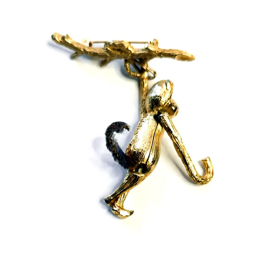 Vintage PAN Jewelry Monkey Hanging From Branch Brooch Pin Gold-Tone