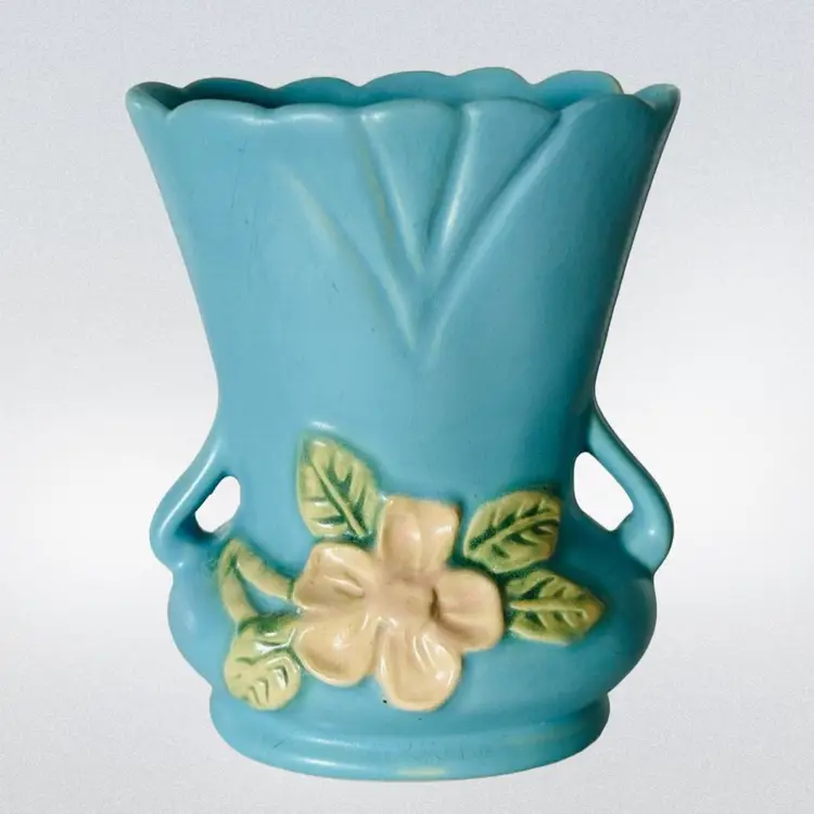 Weller Pottery Vase Matte Blue Pale Pink Wild Rose Floral Design