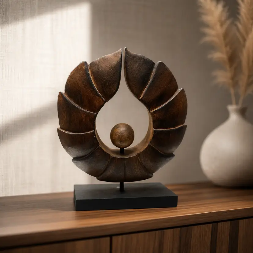 Handcrafted Wood Sculpture, Dark Brown Finish and a Central Sphere, 11.75" Tall