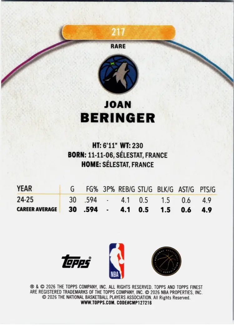 2025-26 Finest Joan Beringer #217 Sky Blue Refractor Timberwolves #/150