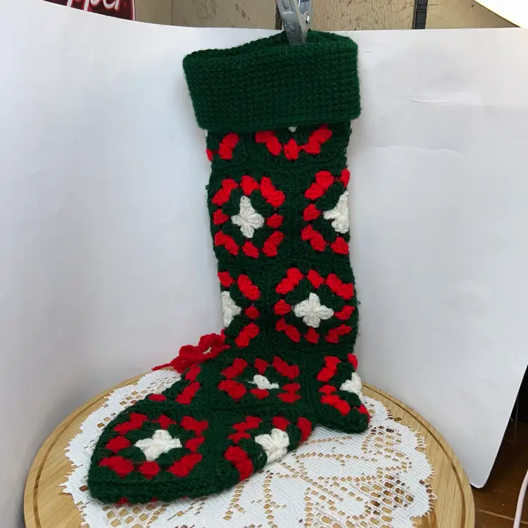 Vintage Handmade Granny Square Christmas Stocking