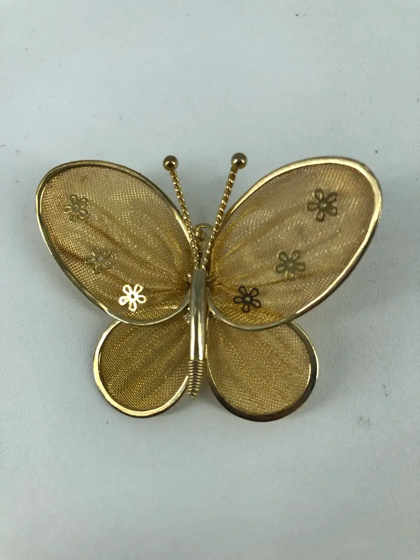 Vintage Art Deco Retro Gold-Tone Mesh Butterfly Brooch Pin