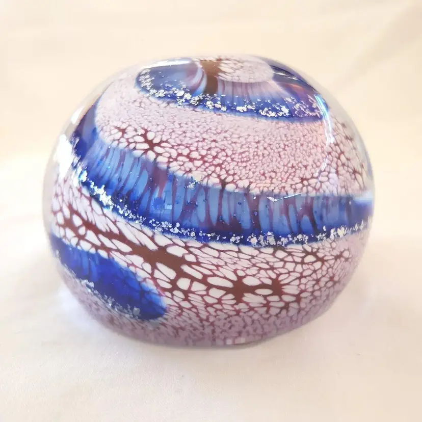 Art Glass Woodruff Paperweight Signed Silver Flakes Swirl 3" diameter Vintage