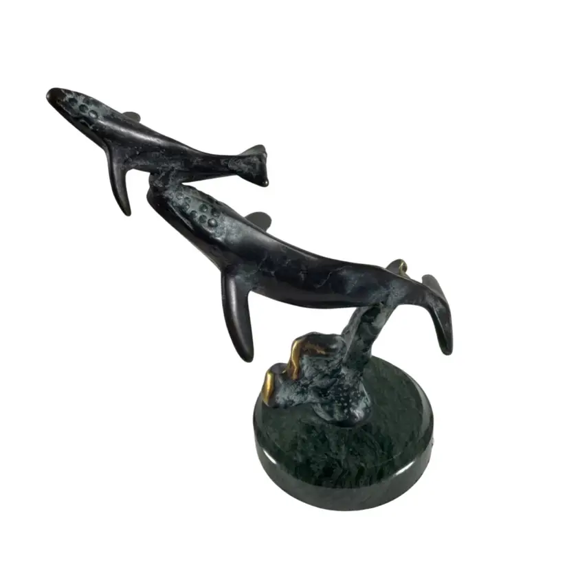 028. SPI Gallery Brass Whale Sculpture on a Green Marble Base 6.25”