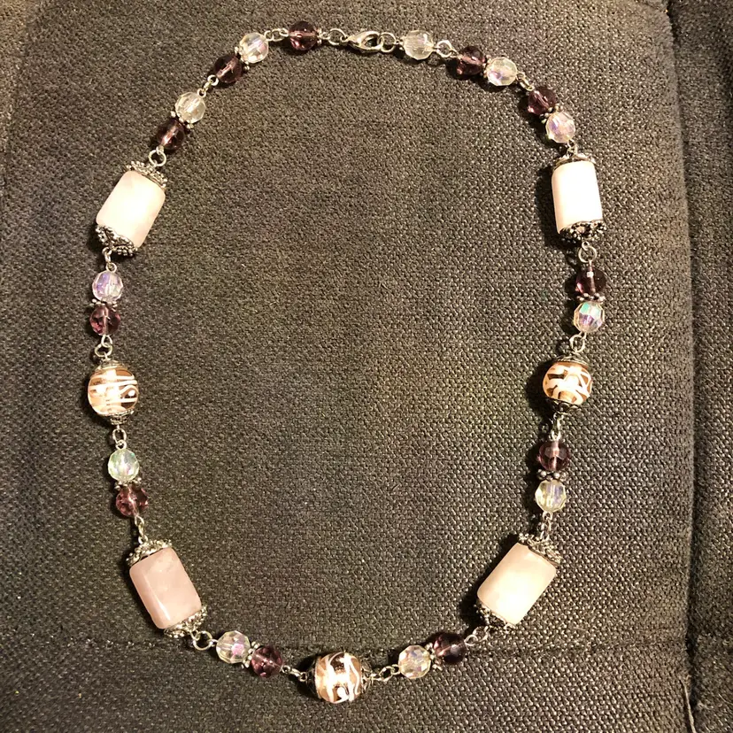 Silver-Tone Pink Glass Beaded Necklace
