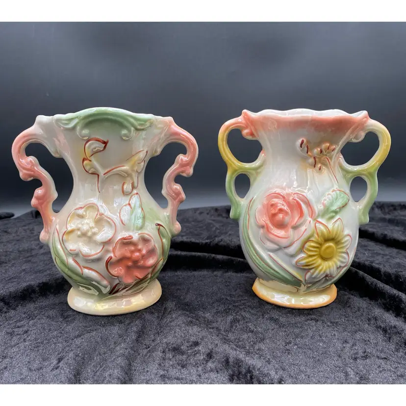 Pair - Vintage Brazil Lusterware Vases, #421 & #423, Raised Florals, Pastels