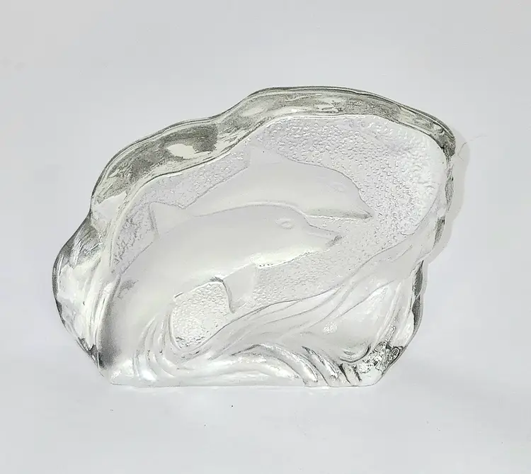Paperweight Iceberg Etched Dolphins Heavy Glass