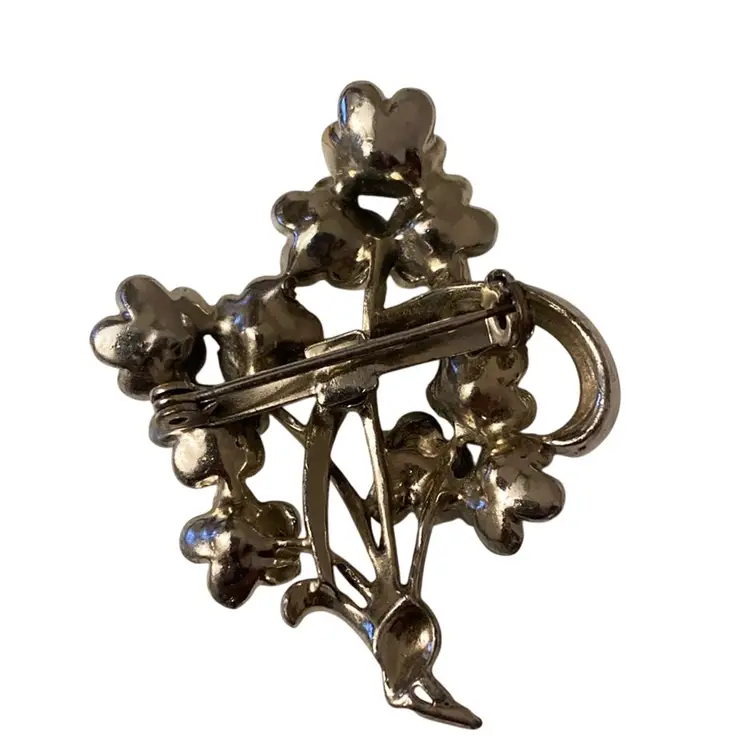 Vintage Silvertone Bouquet Brooch With Blue Rhinestones