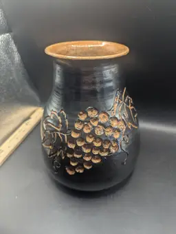 Vintage 1988 Signed Johnston Stoneware Vase Beautiful Grape Cutout Design