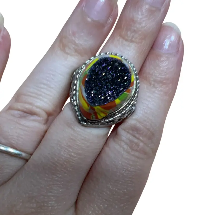 Druzy Quarts Sterling Silver Ring Peridot Stones Enameled Size 6.25