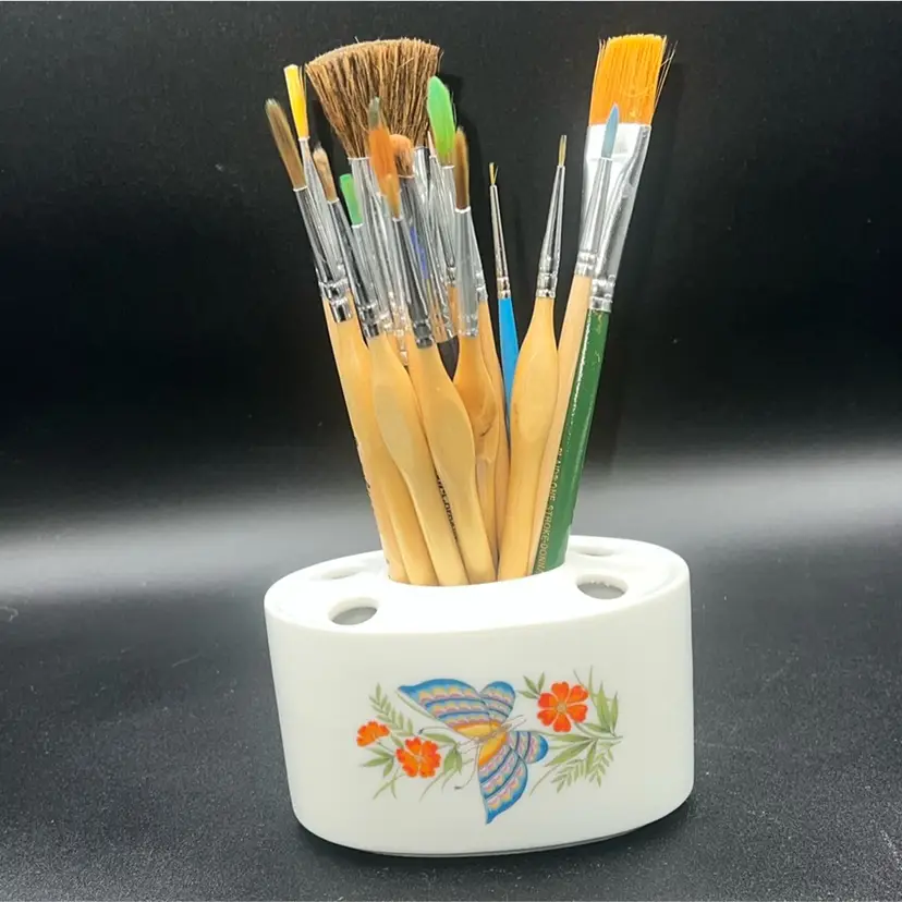 Vintage orange butterfly blue lilies soap dish, retro Brush Holder white orange and blue soap dish, flowers and butterflies