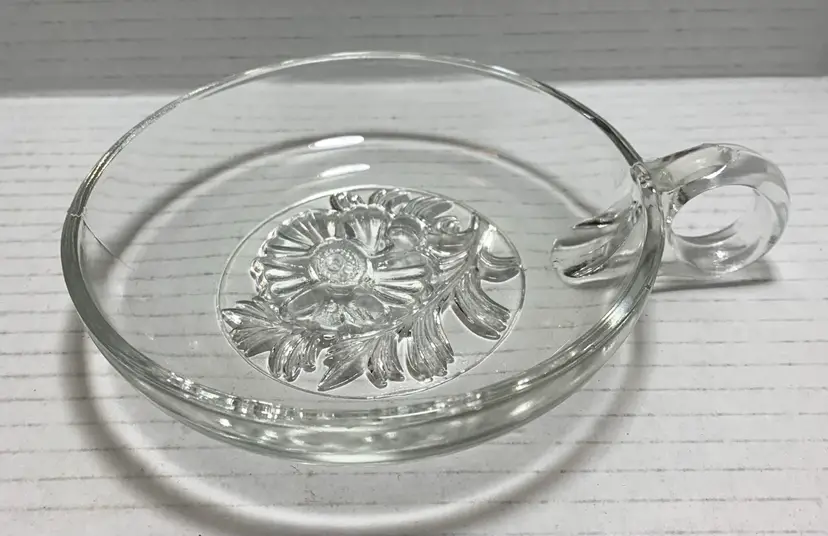 VTG Pressed Glass 5” Nappy Bowl With Handle. Flowers