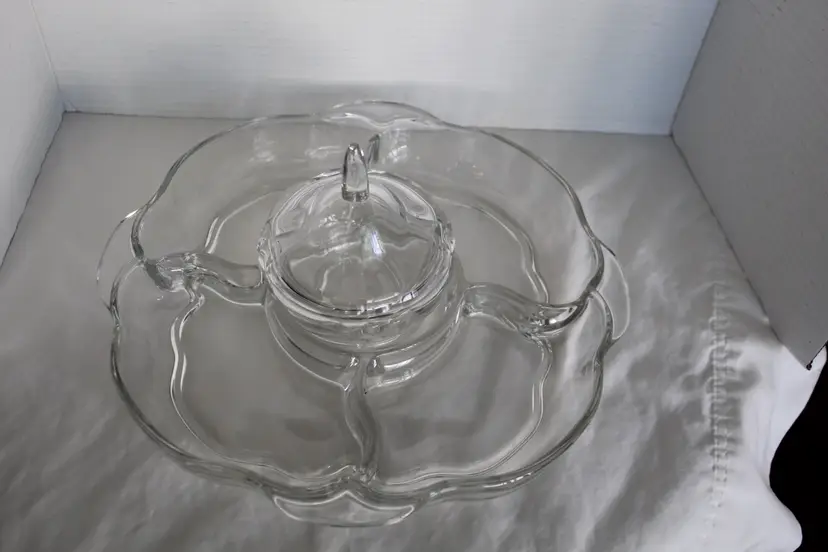 Vintage Glass 5 Part Serving Dish With Lidded Removable Jar Heavy Clear Glass