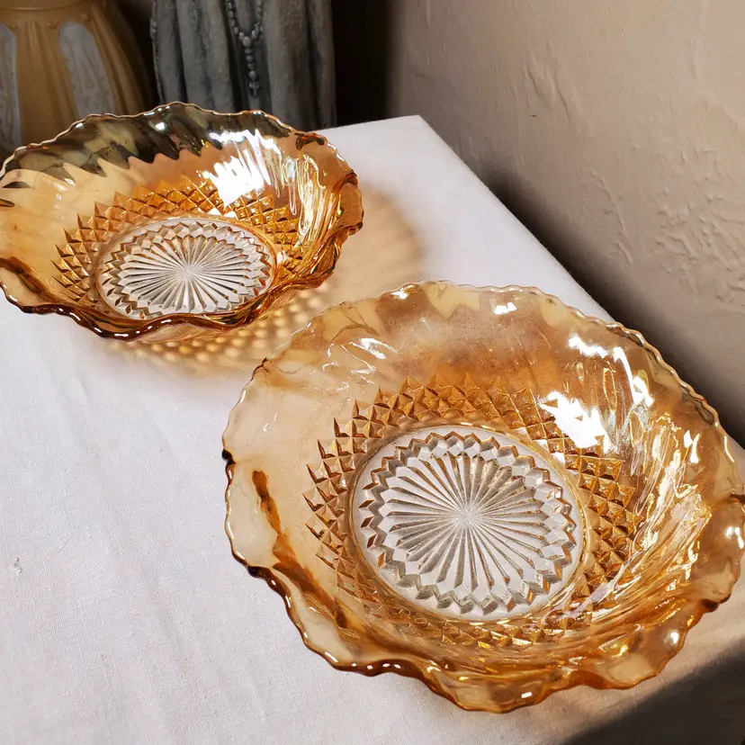 Set of two Peach Carnival Glass Depression Scalloped Glass Bowl Candy Dish