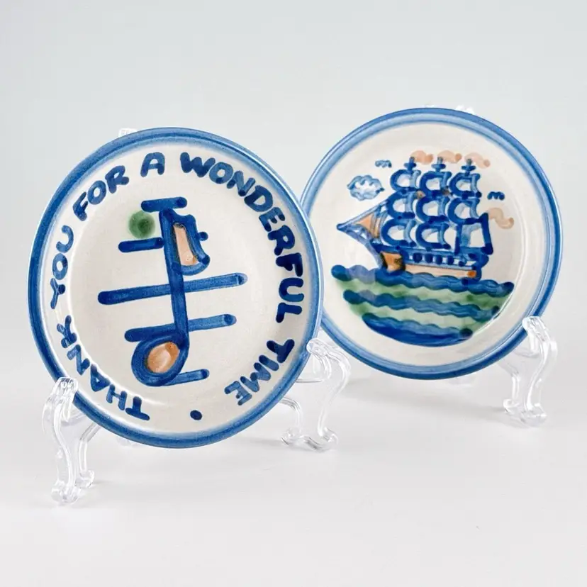 2 MA Hadley Pottery Coasters, Thank You & Masted Sailing Ship, Hand-Painted Stoneware Trinket Dish