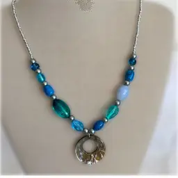 Mermaid Core Blue Glass and Mother of Pearl Pendant Necklace