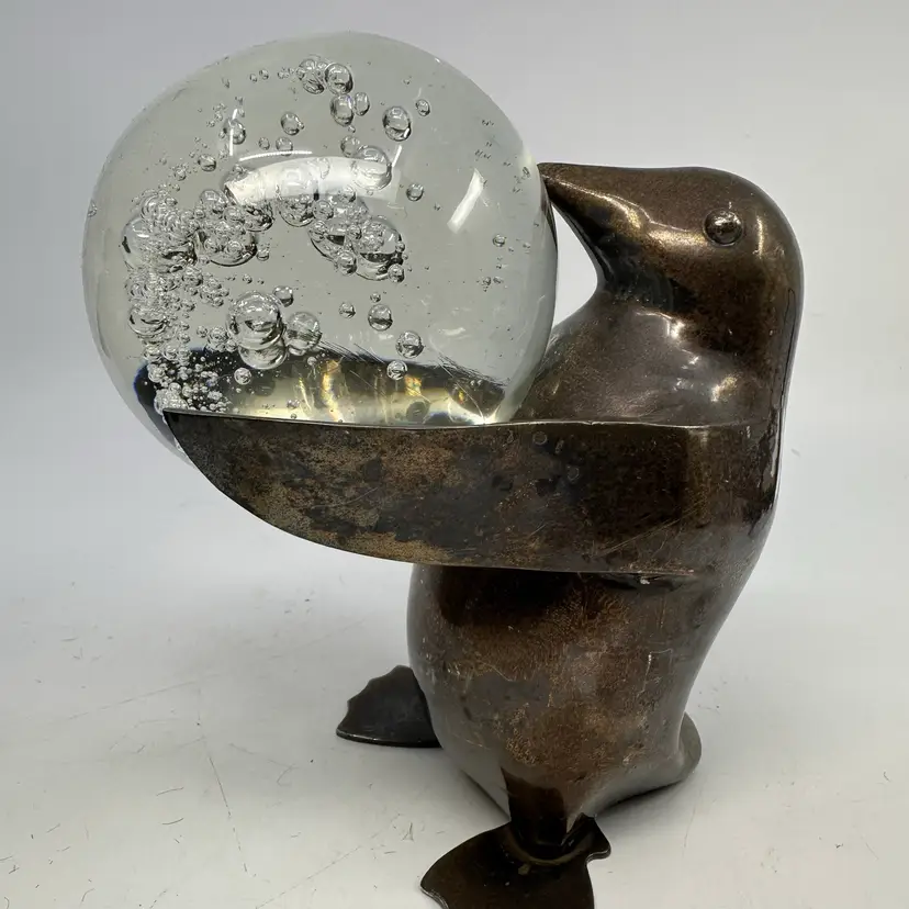 Restoration Hardware Heavy Silver Metal PENGUIN Holding A Clear Paperweight