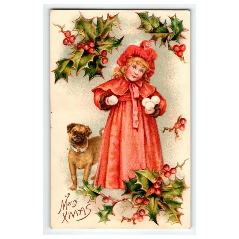 Christmas Postcard Sweet Girl Dog Snowballs Holly Leaves 1910 Germany Embossed
