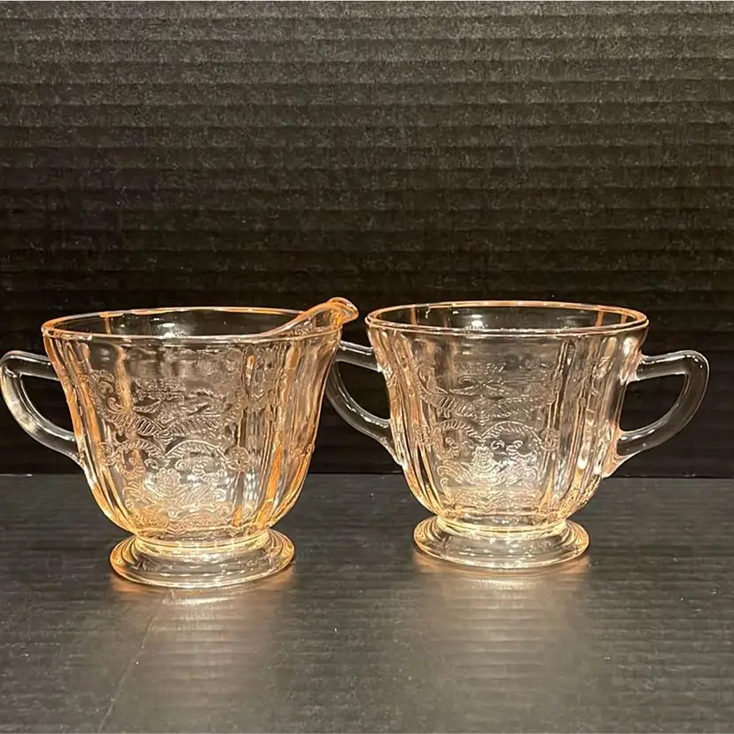 Vintage Federal Glass Madrid Pattern Pink Depression Glass Creamer Sugar Set Made Between 1923 Thru 1939