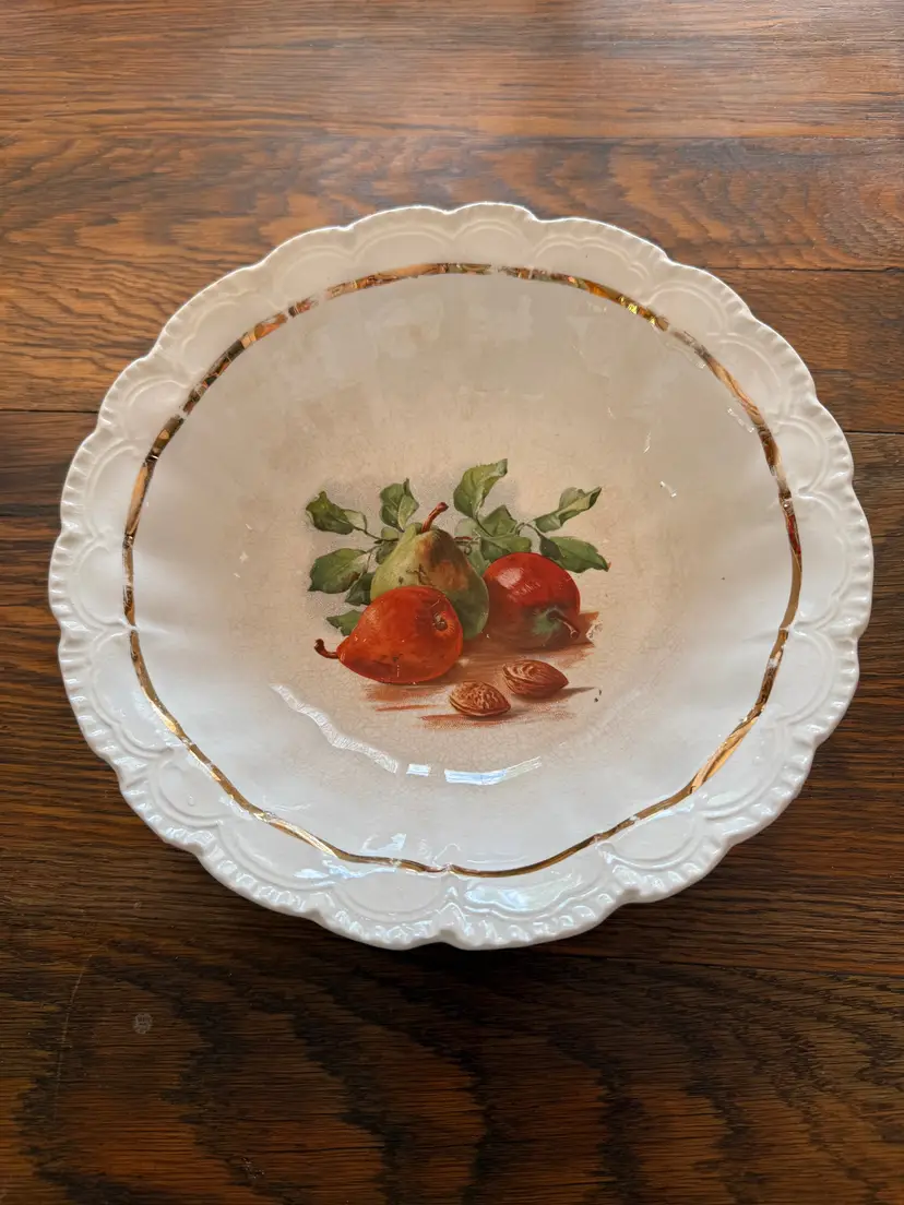 Vintage C.P.Co. “Dixie” Fruit Bowl – 10.5 Inch Scalloped Semi-Porcelain with Gold Trim – Early 1900s Farmhouse Kitchen Décor