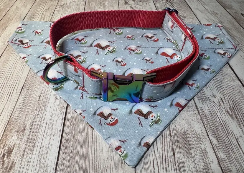 Dog Collar & Bandana Snowman Christmas Theme  Large Handmade Heavy Duty NEW