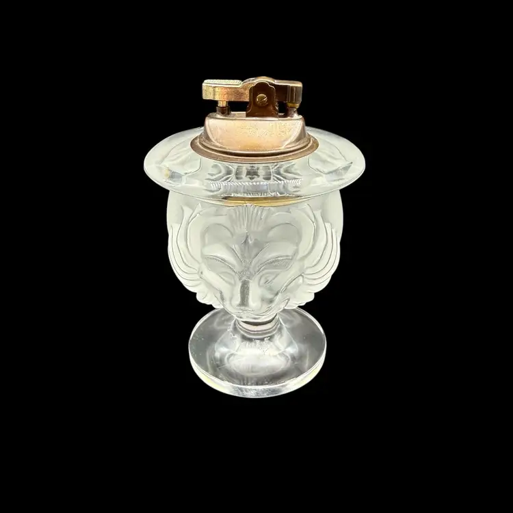 Lalique Frosted Tete de Lion Head Vase Table Lighter Footed Signed Crystal READ