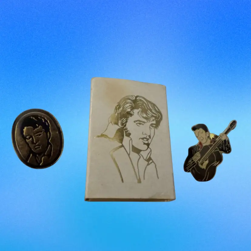 Vintage Elvis Presley Lot of 3 Items, 2 Pins and Matchbox