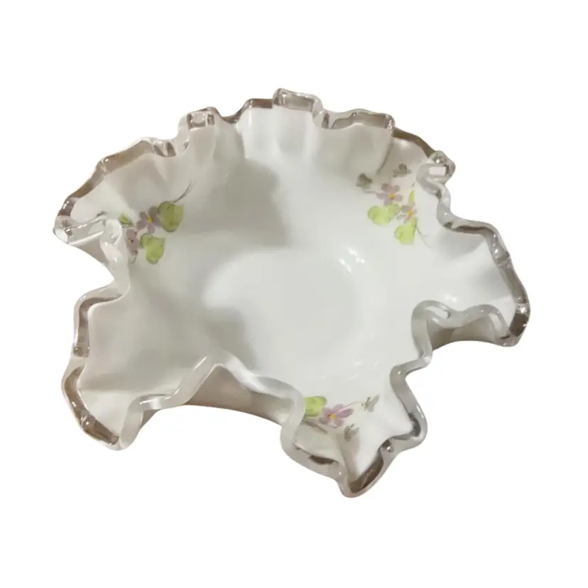 Fenton Silver Crest "Violets in the Snow" milk glass bowl