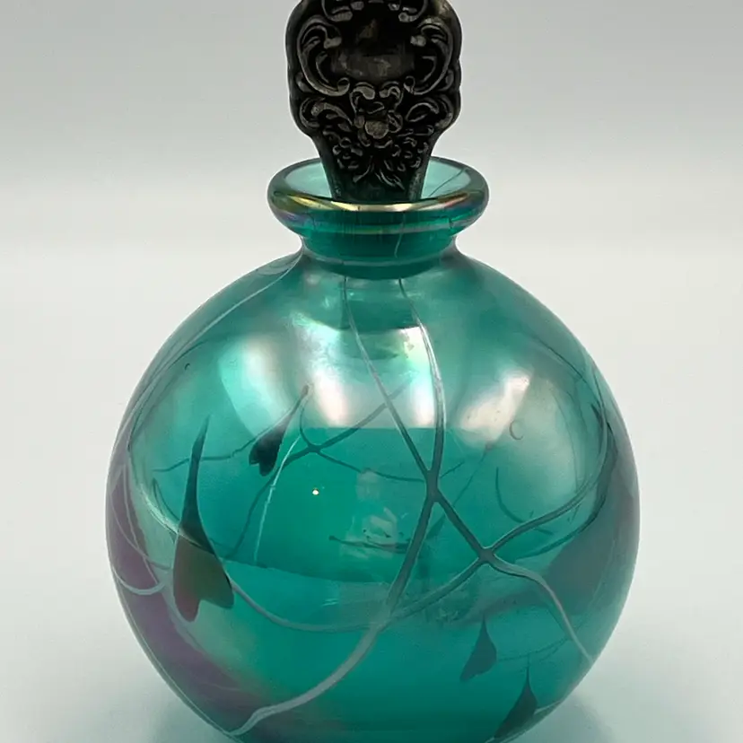 Teal Art Glass Perfume Bottle with Silver Stopper