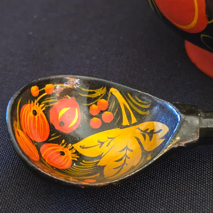 Folk Art Khokhloma Cup, Spoon Soviet Russian both Hand Painted Vintage with Issues