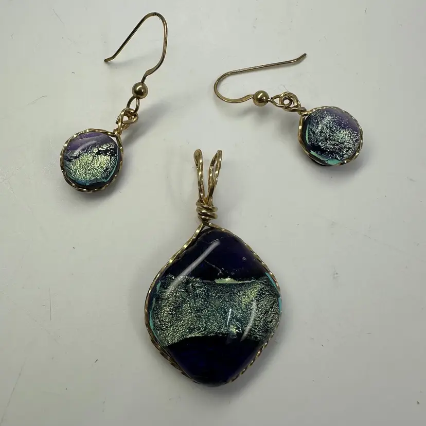 Dichroic Glass Gold Wire Wrapped Pendant & Earrings