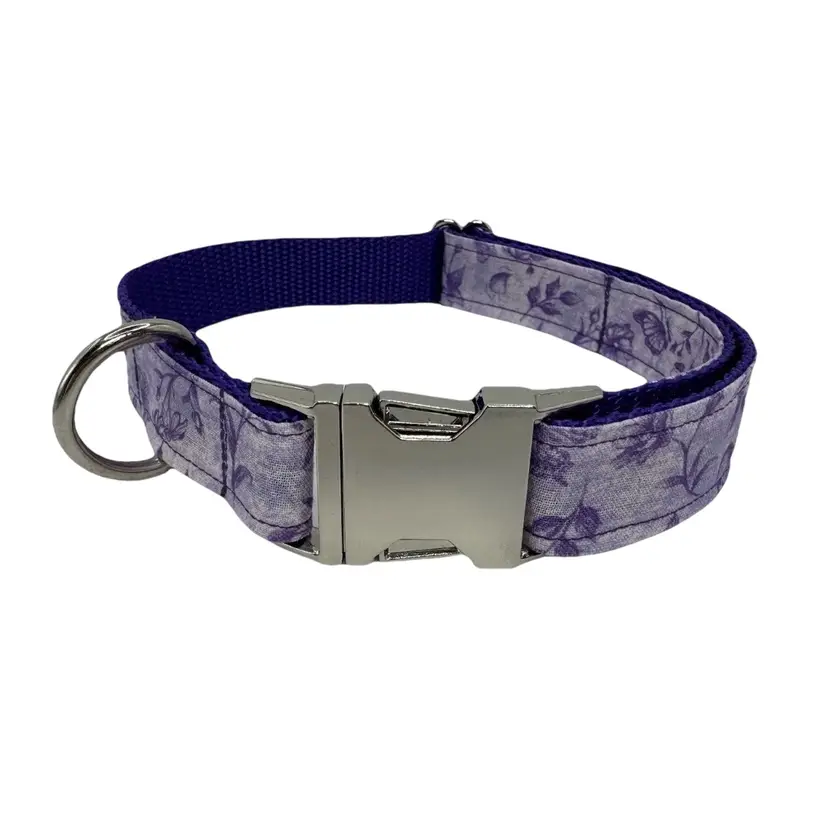 Dog Collar Purple Butterfly Flower Print Large Handmade Heavy Duty Metal Buckle NEW