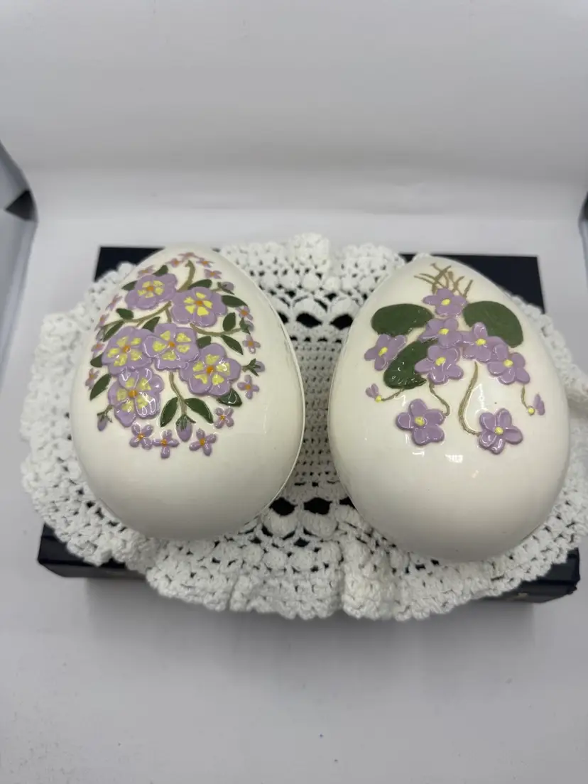 2 Ceramic Floral Eggs By Bell Ceramics, 1975, 5.5”x3.5”