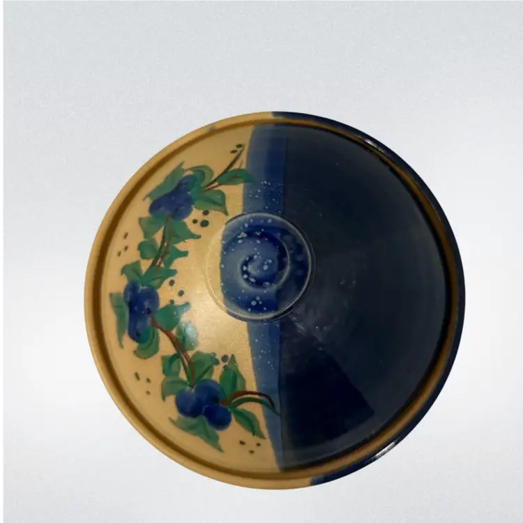 Pottery Bowl W/Lid Tan and Cobalt Blue With Blueberries Fruit/Veggies Makers Mark 
4-3/4” T x 6” W