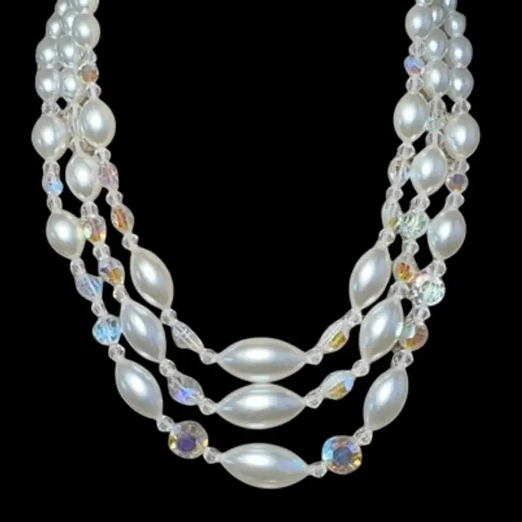 Vintage 1960’s Tri-Strand Faux Pearl & Crystal Necklace 17”