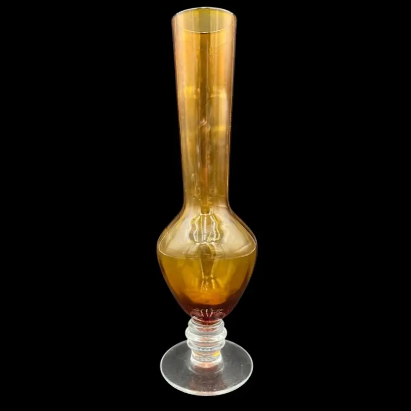 Vintage Hand-Blown Amber Footed Vase, 8", Clear Ringed Pedestal Base, Optic Glass