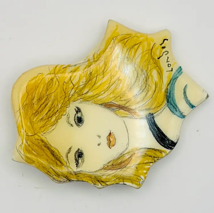 Vintage Ceramic Pin/Brooch Artisan Signed Blonde Woman