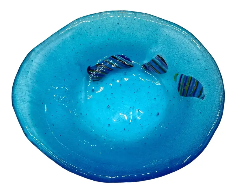 Fused Studio Art Glass Bowl Oblong Blue Abstract Stripe Canes Iridescent 6.25”