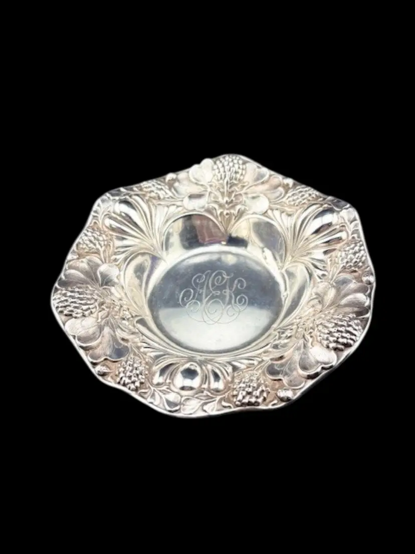 Vintage Gorham Repousse' Berry Design Sterling Nut Dish with Monogram on inside base - Stamped Sterling A2569 on the side