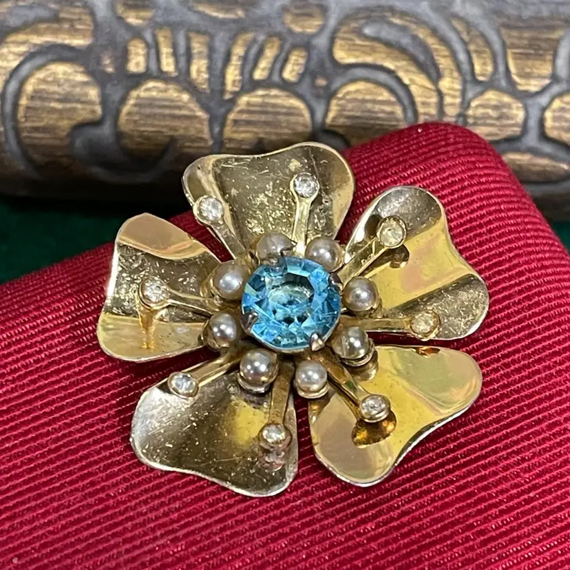 Vintage Coro Sterling Gold Washed Silver Flower Brooch Pendant w/ Faux Pearls & Blue Rhinestone