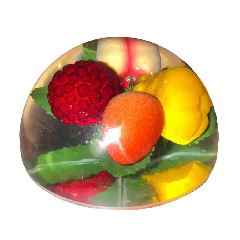 Vintage Lucite half sphere peach, raspberry & pear compote lid / paperweight